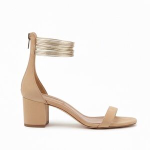 AQUAZZURA  Spin Me Around City Sandal Tan Suede Gold 39 8.5 Leather Block Heel